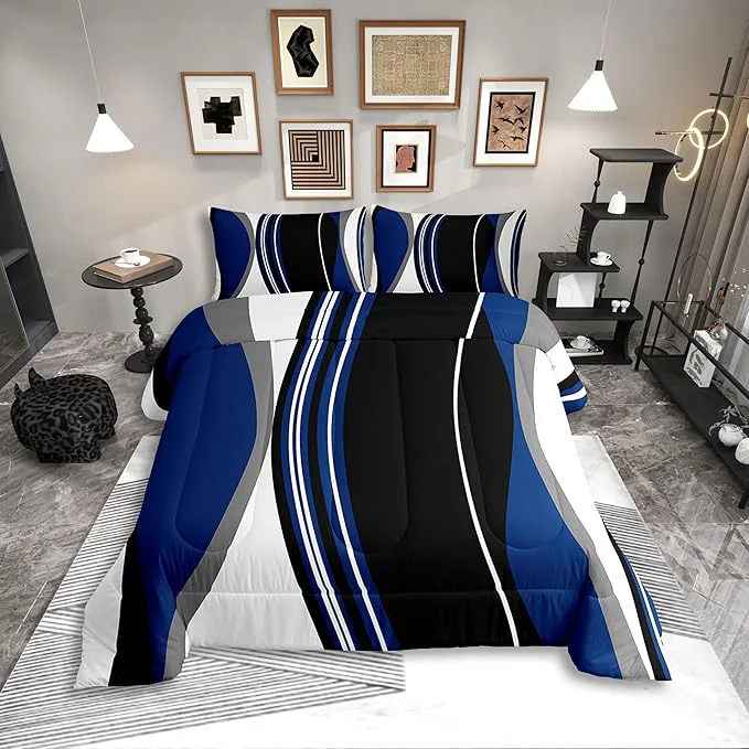Carefully Designed Erosebridal Blue Black Abstract Twin Bedding Sets for Adult Women Men Grey Modern Striped Comforter Set Geometric Stripes Lines Quilt Duvet Set Contemporary Art Boho Bedding Collections for Minimalist Consistent