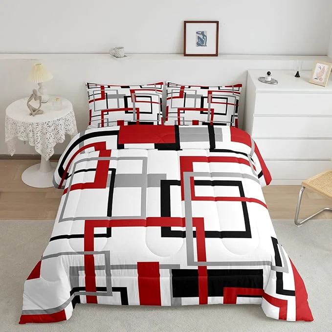 High-Grade Erosebridal Square Comforter Set White Black Red Grey Stripes Bedding Set Warm Geometric Grid Checkred Down Comforter for Kids Boys Girls Modern Creative Art Quilted Duvet Soft with 1 Pillowcase Twin Superior
