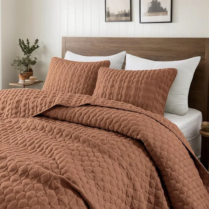 Convenient WDCOZY Burnt Orange Quilts Queen Size Bedding Sets with 2 Pillow Shams Red Lightweight Soft Bedspread Coverlet Quilted Blanket Thin Comforter Bed Cover for All Season 3 Pieces 90x90 inches Durable
