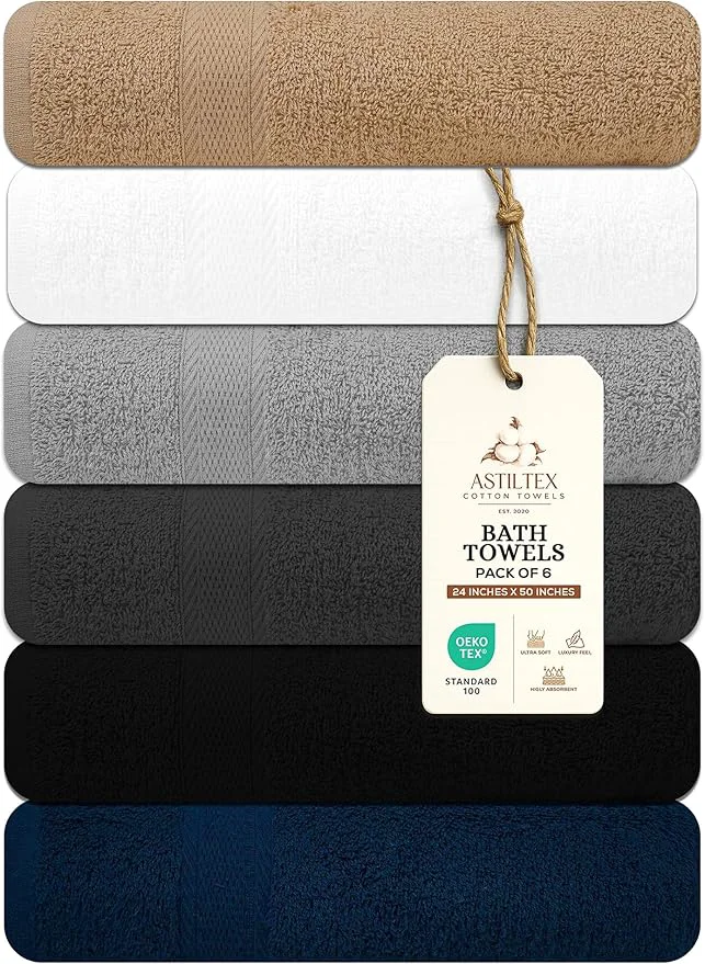 Elegant Large Bath Towels Pack of 6 – 24 x 50 Cotton Terry – Soft Quick-Dry Easy-to-Use