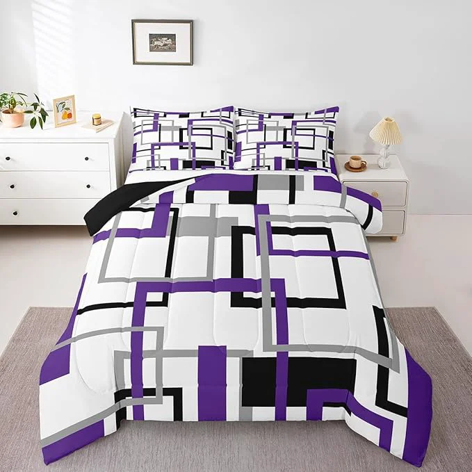 Comfortable Erosebridal Purple Grey Black Square Bedding Set for Kids Boys Girls Geometric Comforter Set Twin Abstract Grid Pattern Down Comforter Modern Abstract Art Quilted Duvet with 1 Pillowcase Expertly Made