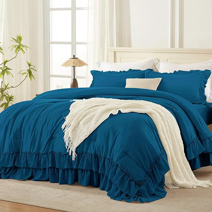 Premium Andency Teal King Comforter Set 104x90Inch 3 Pieces Ruffle Bedding Set with 2 Pillowcases Farmhouse Shabby Chic Lightweight Fluffy Soft All Season Bed Set Stylish