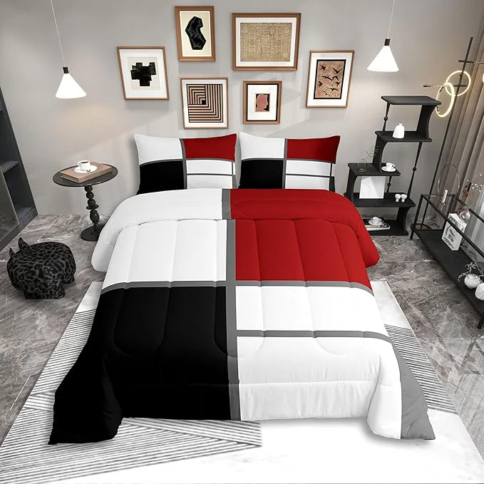 Reliable Erosebridal Geometric Abstract Twin Bedding Sets for Adult Women Men Red and White Striped Comforter Set Square Grid Quilt Duvet Set Modern Art Patchwork Bedding Collections for Minimalist Clean