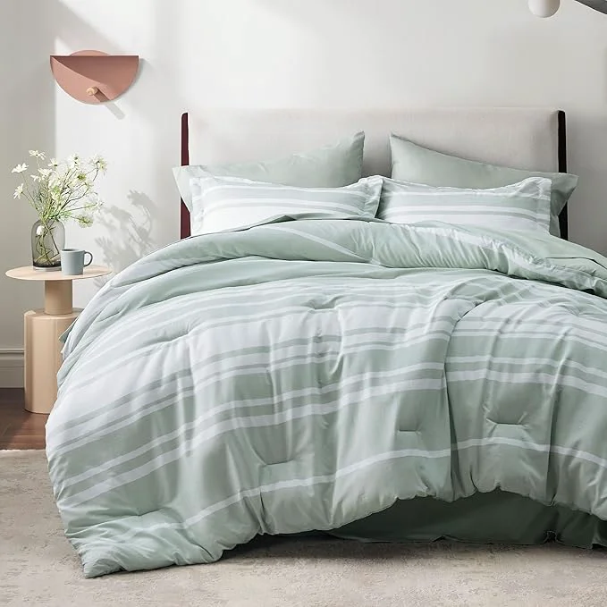 Fine Crafted Bedsure King Comforter Set 7 Pieces Sage Green Striped Bedding Set for All Seasons Reversible Cationic Dyeing Bed in a Bag with Comforter Sheets Pillowcases amp Shams Efficient