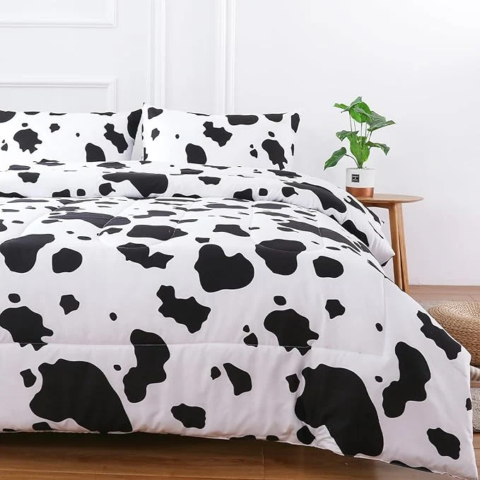 Superior PERFEMET Cow Print Bedding Comforter Set Queen Size Black and White Reversible Geometric Checkered Bedding Set for Kids Teens Boys Girls Rustic Animal Cowhide Pattern Bed Quilt Set Traditional