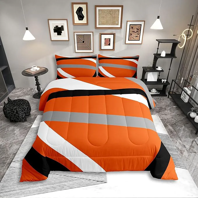 Smart Erosebridal Orange Gray Black Striped Twin Bedding Sets for Adult Women Men Modern Abstract Comforter Set Geometric Lines Quilt Duvet Set Aesthetic Boho Bedding Collections Casual