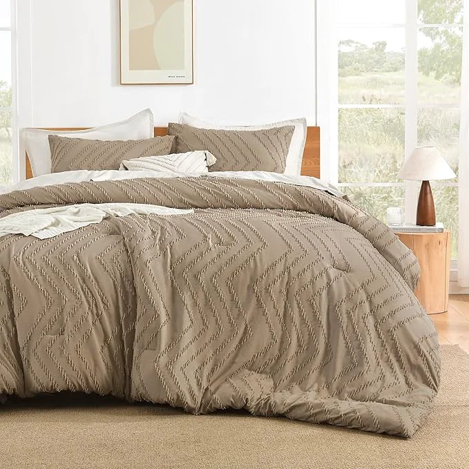 Certified Litanika Comforter Super King Plus Size Set Taupe 3 Pieces Chevron Tufted Solid Bedding Comforter Sets Fluffy Bed Set World-Class