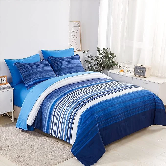 Crafted KAKIJUMN 5 Piece Bed in a Bag Stripe Comforter Set Twin Size White and Blue Patchwork Striped Comforter and Sheet Set All Season Soft Microfiber Complete Bedding Sets Blue Twin Elite