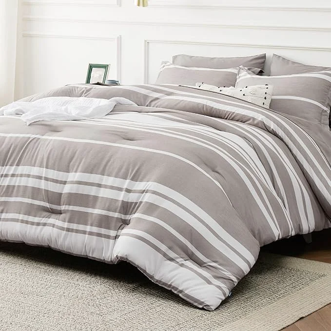 Fast Bedsure California King Comforter Set 7 Pieces Taupe Striped Bedding Set for All Seasons Reversible Cationic Dyeing Bed in a Bag with Comforter Sheets Pillowcases amp Shams Professional