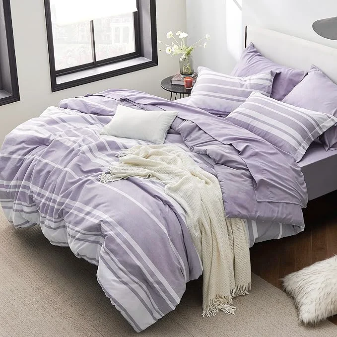 Excellent Bedsure Queen Comforter Set 7 Pieces Purple Striped Bedding Set for All Seasons Reversible Cationic Dyeing Bed in a Bag with Comforter Sheets Pillowcases amp Shams Outstanding