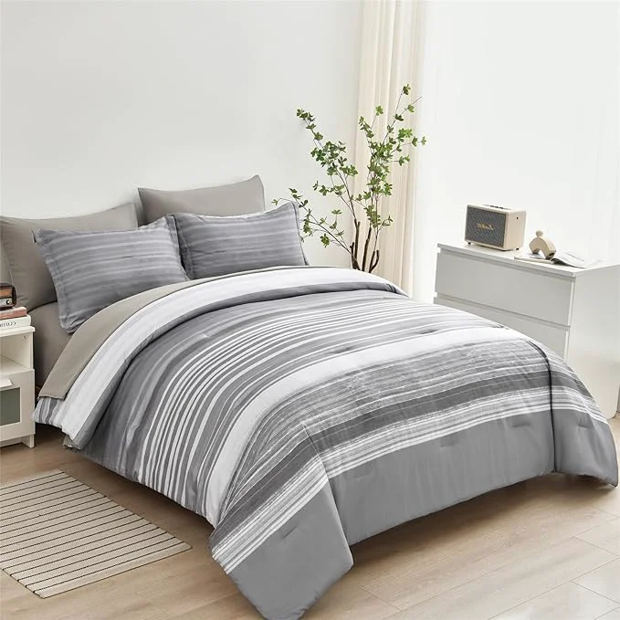 Easy-to-Use KAKIJUMN 7 Piece Bed in a Bag Stripe Comforter Set King Size White Grey Patchwork Striped Comforter and Sheet Set All Season Soft Microfiber Complete Bedding Set Light Grey King Sustainable