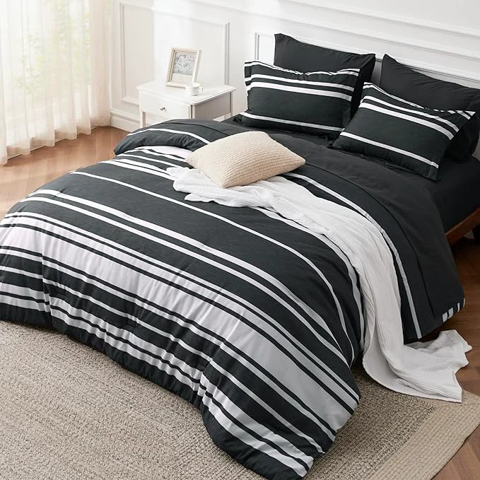 Powerful Bedsure Full Comforter Set 7 Pieces Black Striped Bedding Set for All Seasons Reversible Cationic Dyeing Bed in a Bag with Comforter Sheets Pillowcases amp Shams Reusable