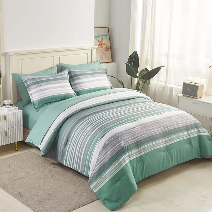 Detailed KAKIJUMN 7 Piece Bed in a Bag Stripe Comforter Set King Size White Grey Sage Green Patchwork Striped Comforter and Sheet Set All Season Soft Microfiber Complete Bedding Sets Green King Consistent