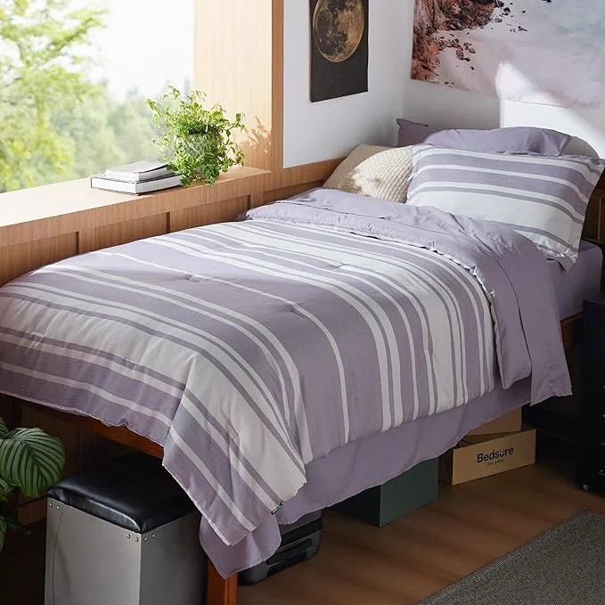 Safe Bedsure Twin XL Comforter Set 5 Pieces Purple Striped Bedding Set for All Seasons Reversible Cationic Dyeing Bed in a Bag with Comforter Sheets Pillowcase amp Sham Elegant
