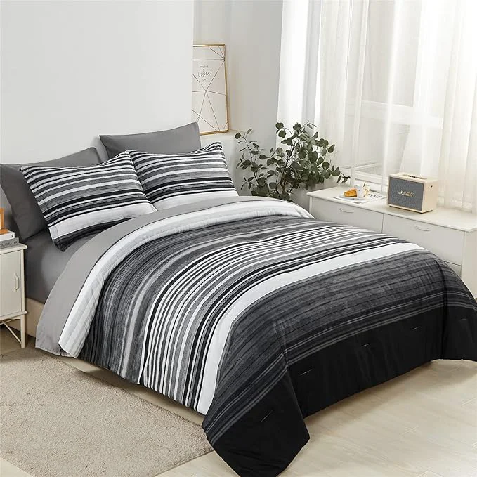 Selected KAKIJUMN 7 Piece Bed in a Bag Stripe Comforter Set Full Size White Grey Black Patchwork Striped Comforter and Sheet Set All Season Soft Microfiber Complete Bedding Sets Grey Full Next-Generation