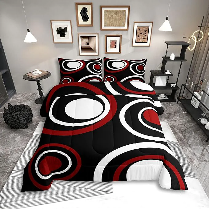 Trendy Erosebridal Red Black Striped Queen Comforter Set for Adult Women Men Modern Circle Abstract Bedding Set Contemporary Graffiti Lines Bed Set Minimalists Aesthetic Boho Quilt Set Environmentally Friendly