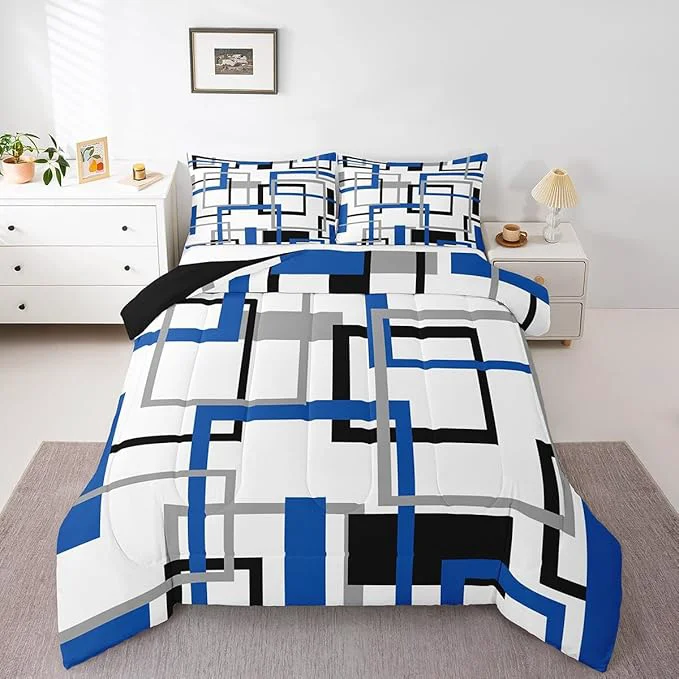 Quality Erosebridal Grid Comforter Set White Black Grey Blue Square Bedding Set Geometric Stripes Bold Lines Quilted Duvet Twin Warm for Kids Teens Adult Modern Creative Art Down Comforter with 1 Pillowcase Recyclable