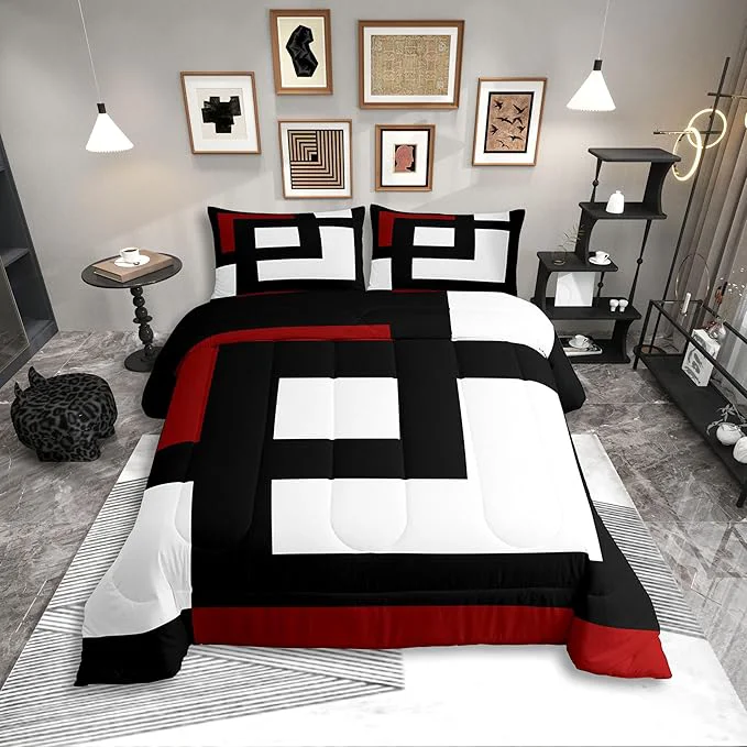 Clean Erosebridal Red Black and White Striped Twin Bedding Sets for Adult Women Men Square Abstract Comforter Set Modern Geometric Stripes Bold Lines Quilt Set Minimalist Plaids Bed Collections Breathable