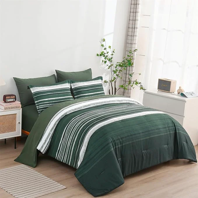User-Friendly KAKIJUMN 5 Piece Bed in a Bag Stripe Comforter Set Twin Size White Grey Green Patchwork Striped Comforter and Sheet Set All Season Soft Microfiber Complete Bedding Sets Dark Green Twin High-Grade
