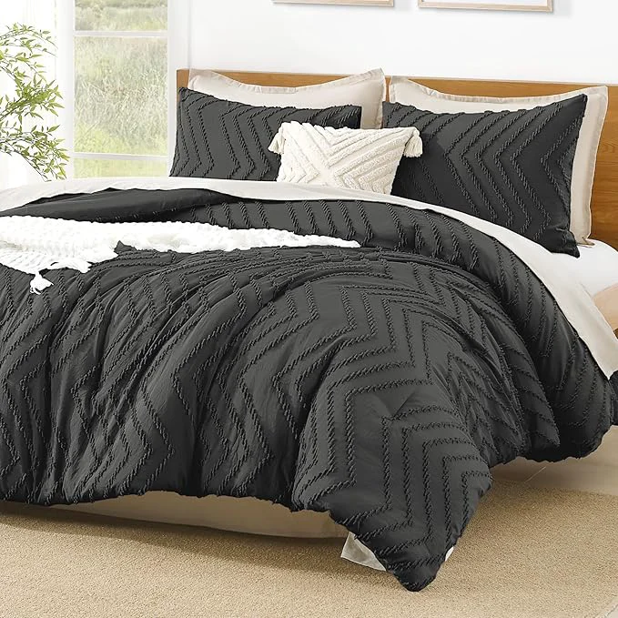 Environmentally Friendly Litanika Comforter Super King Plus Size Set Dark Grey 3 Pieces Chevron Tufted Solid Bedding Comforter Sets Fluffy Bed Set High-Performance