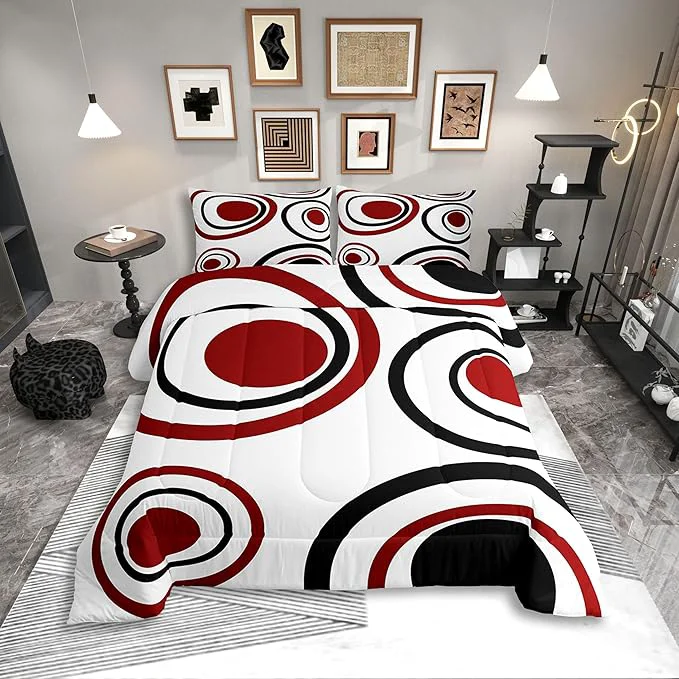 Contemporary Erosebridal Red Black Circles Toddler Comforter Striped Abstract Bedding Set Modern Geometric Duvet Insert Minimalism Lines Boho Simple Art Bed Sets Specialty