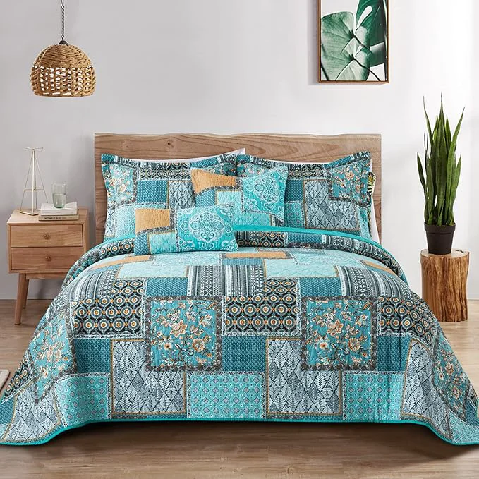 Enhanced BEDIFANY Cotton Queen Size Quilt Lightweight Bedspread Queen Size Teal Quilted Coverlets Queen Quilt Bedding Sets for Bed Decorations for All Seasons. 3 Pieces Minimalist
