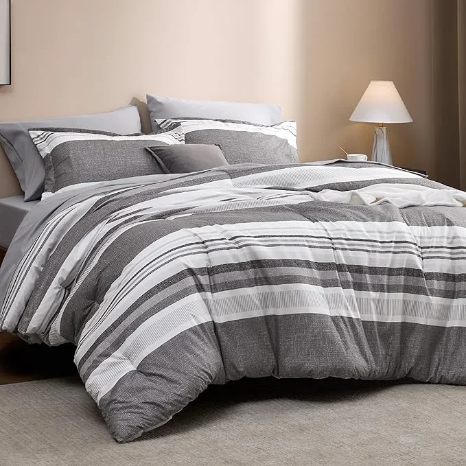Trendy Bedsure Full Comforter Set 7 Pieces Frost Grey Striped Bedding Set for All Seasons Reversible Cationic Dyeing Bed in a Bag with Comforter Sheets Pillowcases amp Shams Convenient