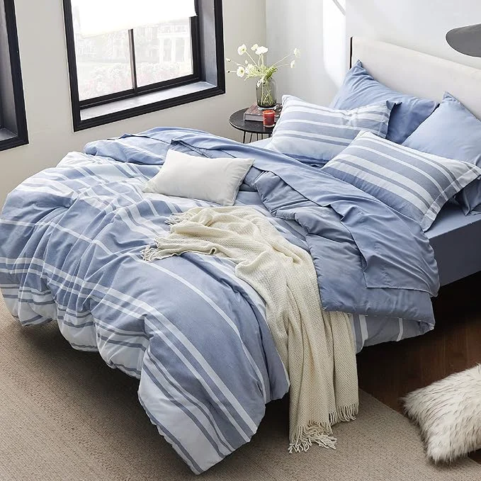 Exclusive Bedsure Queen Comforter Set 7 Pieces Blue Striped Bedding Set for All Seasons Reversible Cationic Dyeing Bed in a Bag with Comforter Sheets Pillowcases amp Shams Lightweight