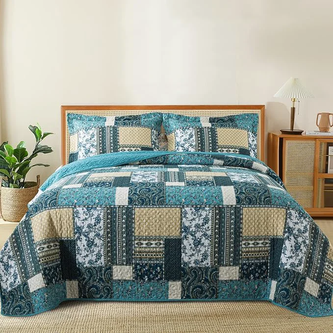 Minimalist BEDIFANY Cotton King Size Quilt Set Lightweight Bedspread King Size Coverlet Boho King Quilt Soft Farmhouse King Quilt Bedding Sets for Bed Decorations for All Seasons 3 Pieces Blue Optimized