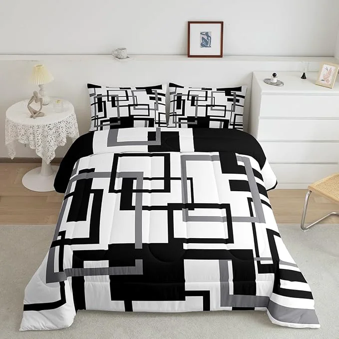 Optimized Erosebridal Grid Comforter for Kids Boys Girls Black and White Bedding Set Queen Geometric Pattern Quilt Set Ultra Warm Buffalo Check Art Duvet Insert with 2 Pillow Shams Bedroom Decor Traditional