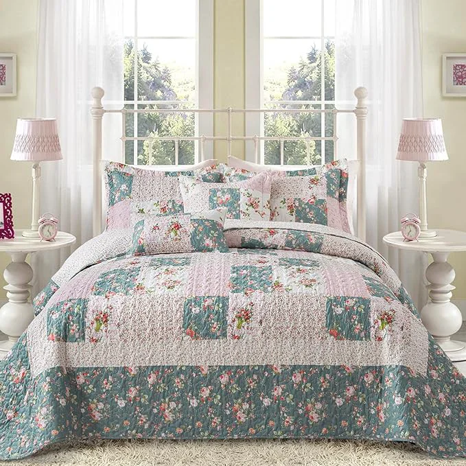 Prestigious BEDIFANY French Style King Size Quilt Set for Farmhouse - 3 Pieces Cotton Filling Garden Lightweight Bedspreads King with Floral Pattern - All Season Quilt Bedding Sets for Decorations Smooth