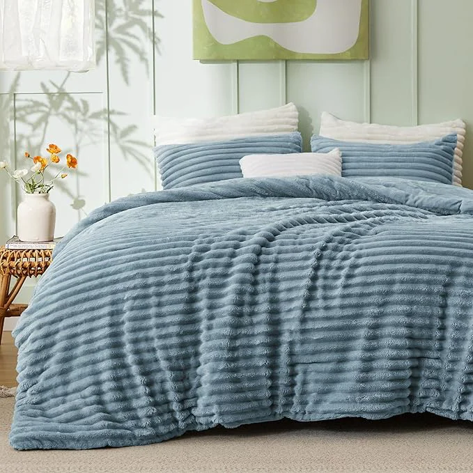 Genuine Bedsure Full Size Comforter Sets - GentleSoft™ 3 Pieces Double-Side Fleece Fluffy Mineral Blue Comforter Set Cozy Striped Room Decor Aesthetic Luxury Full Size Bedding 2 Pillowcases 82x86 Inches Quality
