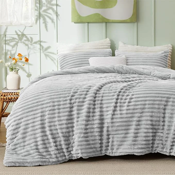 Premium Bedsure Comforter Set Queen Size - GentleSoft™ 3 Pieces Double-Side Fleece Fluffy Light Grey Comforter Set Cozy Striped Room Decor Aesthetic Luxury Bedding Queen Size 2 Pillowcases 90x90 Inches World-Class