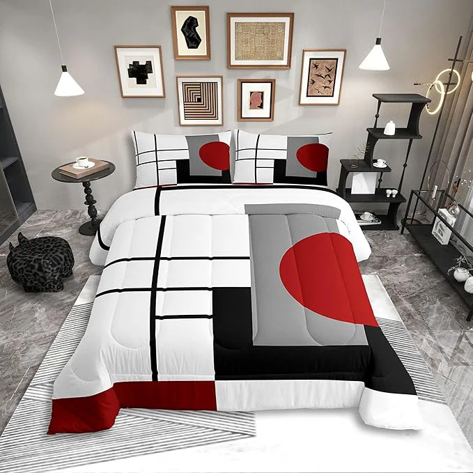 Durable Erosebridal White Black Red Striped Queen Comforter Set for Adult Women Men Boho Modern Geometric Abstract Bedding Set Stripes Lines Bed Set Minimalist Square and Circle Quilt Set Stylish