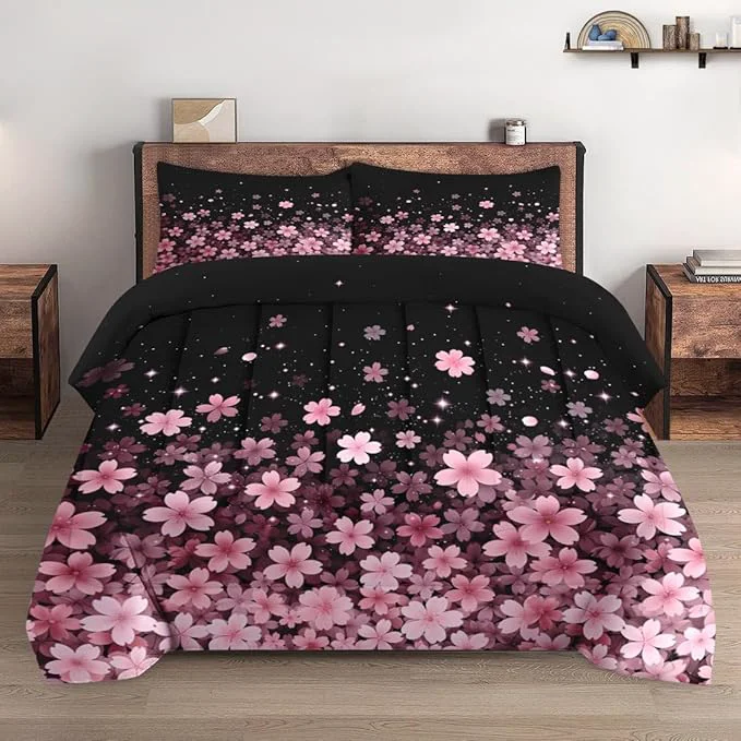 High-Grade King Size Comforter Set with 2 Pillowcases Spring Cherry Pink Flower Tree Soft 3 Pcs Bedding for Kids and Adults Bedroom Bed Decor Environmentally Friendly