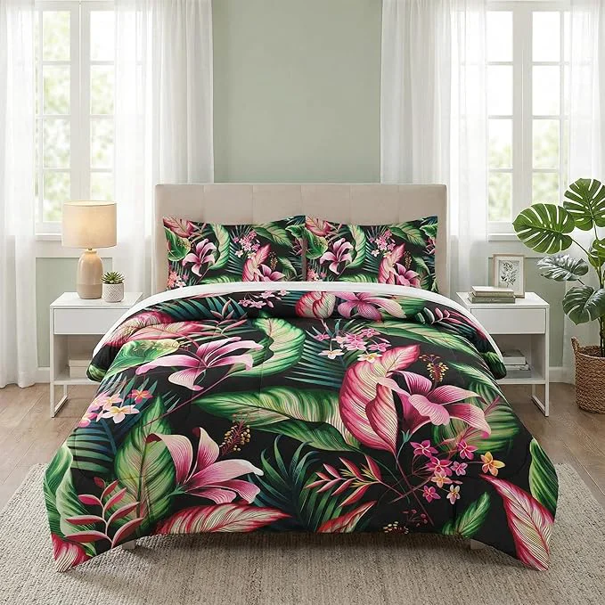 Trendy Twin Size Comforter Set with Pillowcase Tropical Leaves Flower Hibiscus Soft 2 Pcs Bedding for Kids and Adults Bedroom Bed Decor Expertly Made