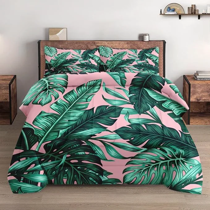 Dependable Full Size Comforter Set with 2 Pillowcases Tropical Green Leaves Pink Leaf Soft 3 Pcs Bedding for Kids and Adults Bedroom Bed Decor Enhanced