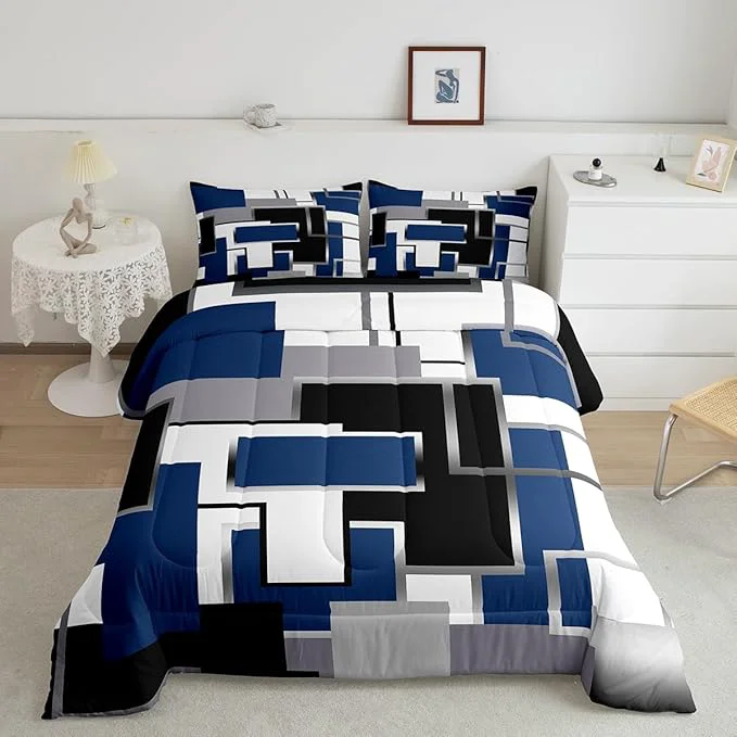 Durable Erosebridal Blue Grey White Comforter Set for Kids Boys Girls Geometric Bedding Set Queen Watercolor Square Quilt Set Modern Style Pattern Duvet Insert with 2 Pillowcases Home Room Decor Efficient