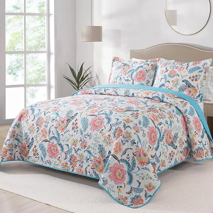 Crafted BEDIFANY Garden Cotton Filling Queen Size Quilt Set - Lightweight Bedspreads Queen Size 90 x 98 inch with Colorful Floral Pattern - Farmhouse Queen Quilt Bedding Sets for Bed Coverlet 3 Pieces Selected