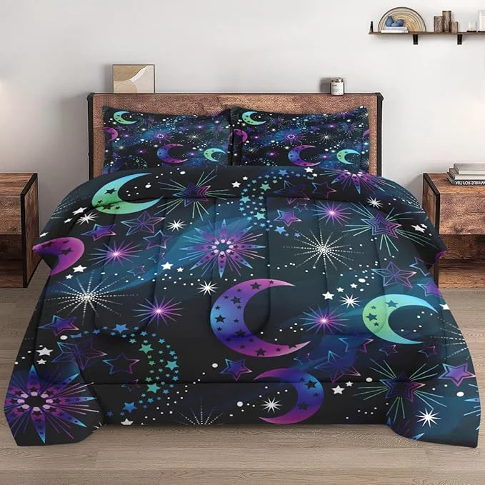 Solid Full Size Comforter Set with 2 Pillowcases Moon Neon Galaxy Kids Rainbow Soft 3 Pcs Bedding for Kids and Adults Bedroom Bed Decor Practical