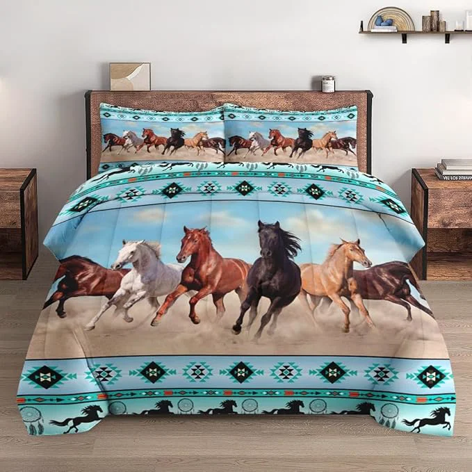 Exceptional Queen Size Comforter Set with 2 Pillowcases Horses Desert Animal 3 Pcs Bedding for Kids and Adults Tribal Farm Sunset Run Soft Comforter Set for Bedroom Bed Decor Quality