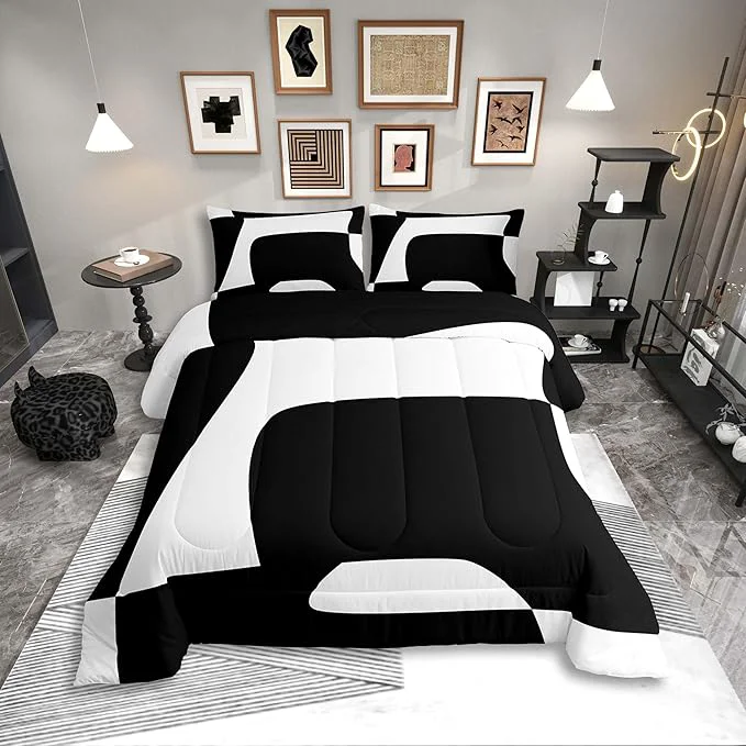 Solid Erosebridal Black and White Abstract Toddler Comforter Boho Geometric Striped Bedding Set Minimalist Modern Art Duvet Insert Simple Aesthetic Modern Bed Sets Sustainable