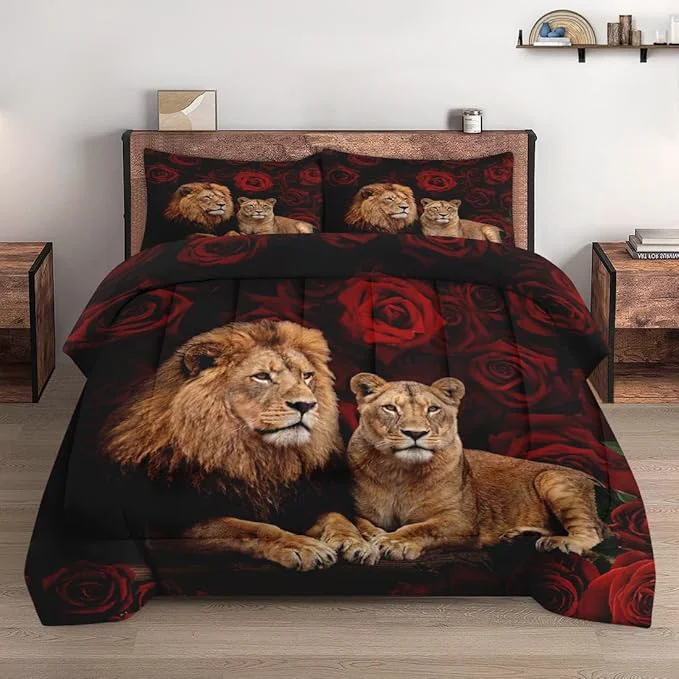 Lightweight Queen Size Comforter Set with 2 Pillowcases Lion Family Soft 3 Pcs Bedding for Kids and Adults Bedroom Bed Decor Professional