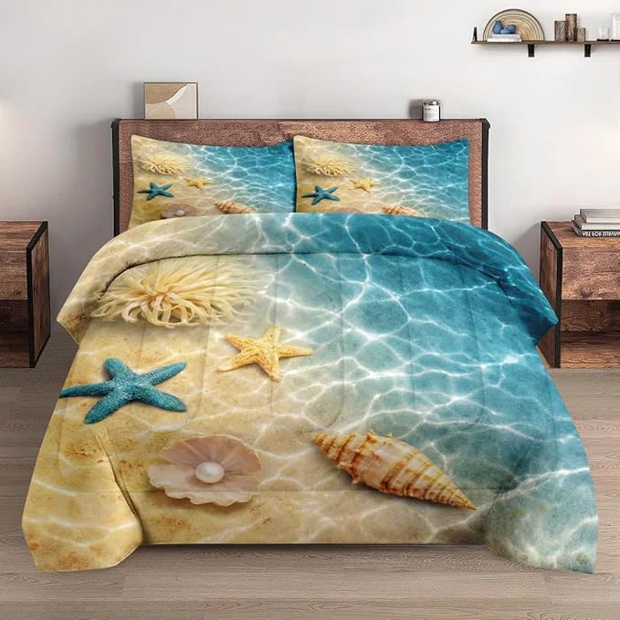 Genuine King Size Comforter Set with 2 Pillowcases Summer Marine Seashell Starfish Beach Ocean Soft 3 Pcs Bedding for Kids and Adults Bedroom Bed Decor Top-Quality