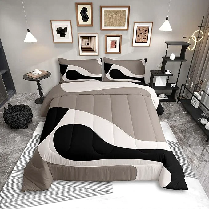 Soft Erosebridal Black Beige Striped Comforter Set Full Size Boho Modern Geometric Abstract Bedding for Women Men Adults Stripes Bold Lines Quilt Minimalist Stylish Art Bedding Comforter Sets Original Design