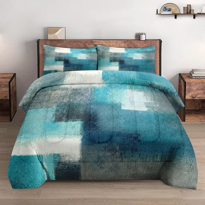 Premium Queen Size Comforter Set with 2 Pillowcases Painting Contemporary Teal Turquoise Grey Soft 3 Pcs Bedding for Kids and Adults Bedroom Bed Decor Superior