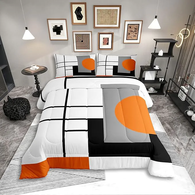 Breathable Erosebridal White Black Orange Striped Bedding Set Full Size Boho Modern Geometric Abstract Comforter Set for Adult Women Men Stripes Lines Bed Sets Minimalist Square and Circle Quilt Sets Pure
