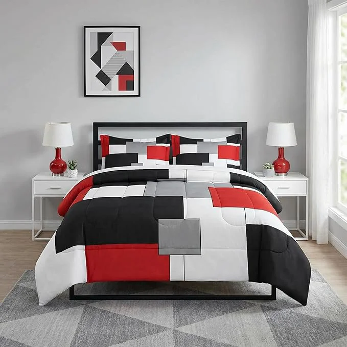 Powerful Queen Size Comforter Set with 2 Pillowcases Black White Red Geometric Soft 3 Pcs Bedding for Kids and Adults Bedroom Bed Decor Reliable