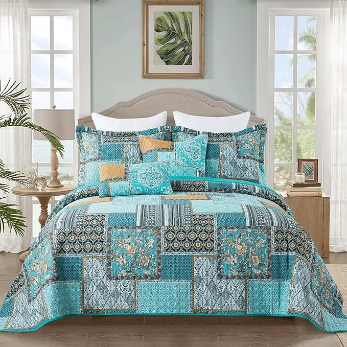 Pure BEDIFANY Cotton California King Size Quilt for Farmhouse- Teal Oversized King Bedspread Set - Highly-Woven Soft Lightweight Coverlet for All Seasons 3 Pieces Innovative
