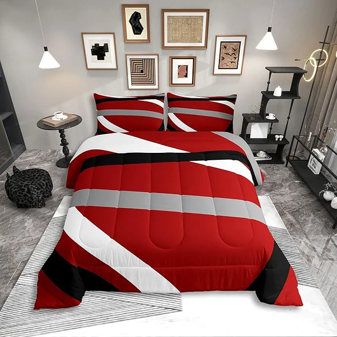 Functional Erosebridal Red Gray Black Striped King Bedding Set Modern Abstract Comforter Set for Adult Women Men Geometric Lines Bed Collections Aesthetic Boho Duvet Quilt Sets Excellent